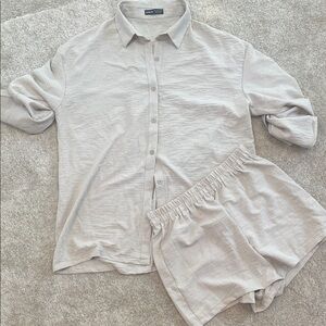 Beige Button-Up Shirt and Shorts Set